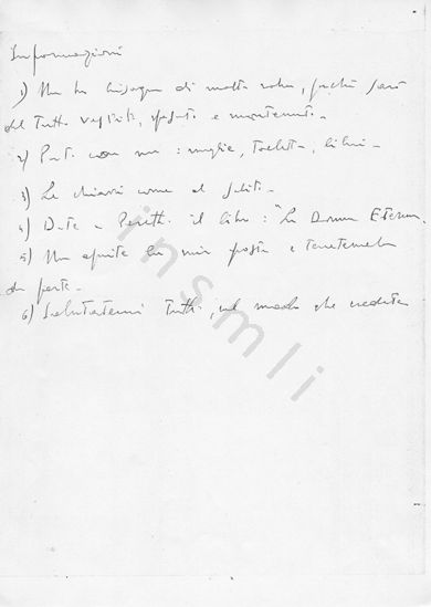L’immagine riproduce la fotocopia della ventesima facciata del testamento spirituale di Giorgio Mainadi, scritto ai genitori poco prima di unirsi ai partigiani. Trattasi della seconda facciata del terzo messaggio, scritto il 3 novembre 1943 da Costozza. Il documento originale è scritto sul fronte di un foglio bianco.