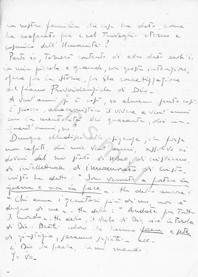 L’immagine riproduce la fotocopia della ottava facciata del testamento spirituale di Giorgio Mainadi, scritto ai genitori poco prima di unirsi ai partigiani.
Il documento originale è scritto sul retro di un foglio bianco.