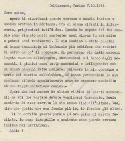 L’immagine riproduce la trascrizione a macchina della lettera di Giovanni Mecca Ferroglia ad un anonimo amico e compagno di lotta.