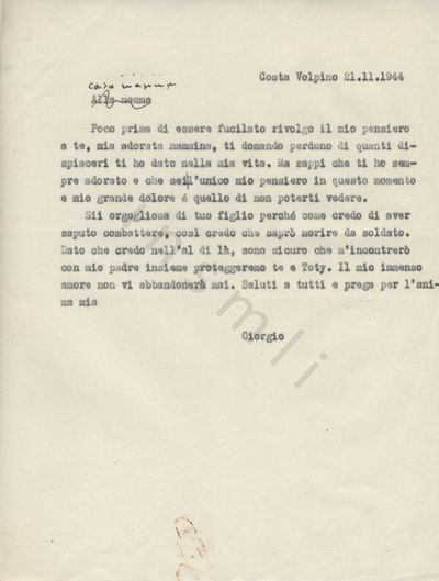 L’immagine riproduce la trascrizione a macchina dell’ultima lettera di Giorgio Paglia alla madre, scritta poco prima della fucilazione. Nel documento sono presenti alcune correzioni manoscritte.