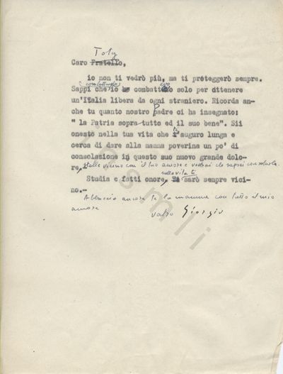 L’immagine riproduce la trascrizione a macchina dell’ultima lettera di Giorgio Paglia al fratello Toty. Nel documento vi sono numerose correzioni manoscritte (con una penna).