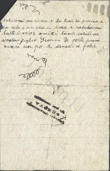 L’immagine riproduce la seconda pagina della lettera di Giovanni Giuseppe Pecchi scritta al padre il 27 luglio 1944, giorno del suo arresto. Il documento è scritto a penna su un foglio a righe. Al centro, al contrario, è impresso il timbro delle carceri giudiziarie di Genova "Visto per censura".