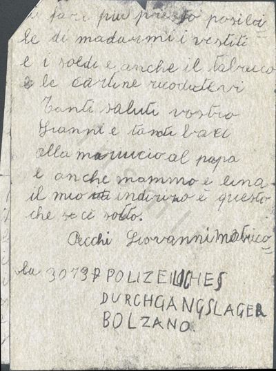 L’immagine riproduce la seconda pagina dell’ultima lettera di Giovanni Giuseppe Pecchi, scritta al padre dal lager di Bolzano. Il documento è scritto a penna nera su un foglio bianco.
