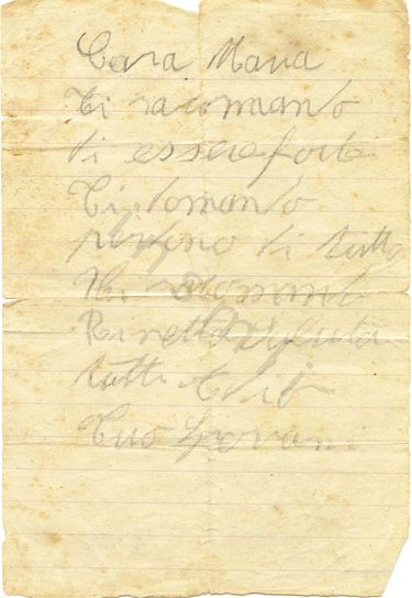 L’immagine riproduce l’ultimo messaggio di Giovanni Tronco, scritto poco prima della fucilazione con una matita su un foglietto a righe.