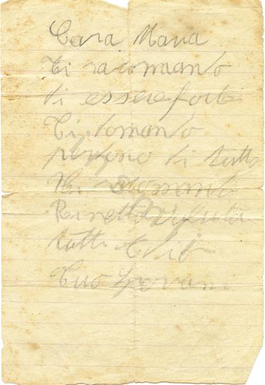 L’immagine riproduce l’ultimo messaggio di Giovanni Tronco, scritto poco prima della fucilazione con una matita su un foglietto a righe.