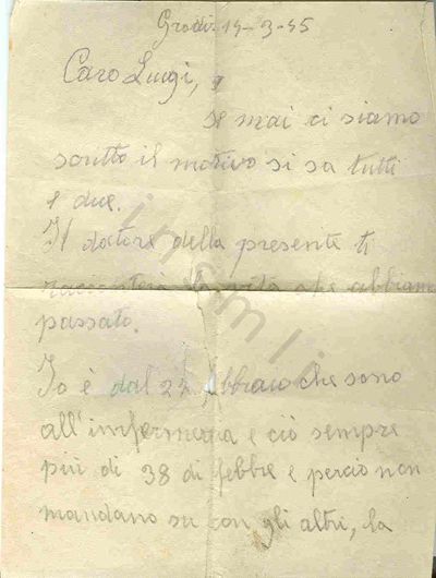 L’immagine riproduce la prima facciata della lettera scritta dal deportato Girolamo al compagno di prigionia Luigi Meynet.
Il documento è scritto a matita su un foglio bianco. Il cognome della firma risulta purtroppo illeggibile.