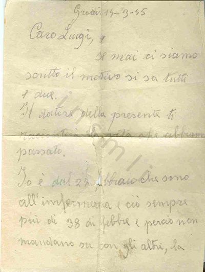 L’immagine riproduce la prima facciata della lettera scritta dal deportato Girolamo al compagno di prigionia Luigi Meynet.
Il documento è scritto a matita su un foglio bianco. Il cognome della firma risulta purtroppo illeggibile.