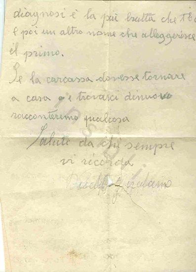 L’immagine riproduce la seconda facciata della lettera scritta dal deportato Girolamo al compagno di prigionia Luigi Meynet.
Il documento è scritto a matita su un foglio bianco. Il cognome della firma risulta purtroppo illeggibile.