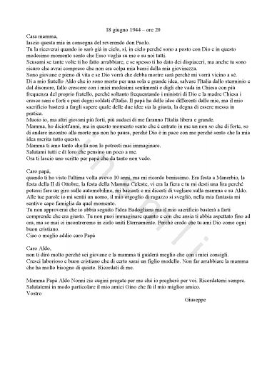 L’immagine riproduce il testo della lettera di Giuseppe Bassani ai famigliari, scritta al momento di unirsi ai partigiani (il suo testamento spirituale, quindi). Trattasi in realtà di quattro diversi messaggi composti uno in fila all’altro ed indirizzati rispettivamente alla madre, al padre, al fratello Aldo e ai parenti tutti (compresi gli stessi genitori e il fratello).