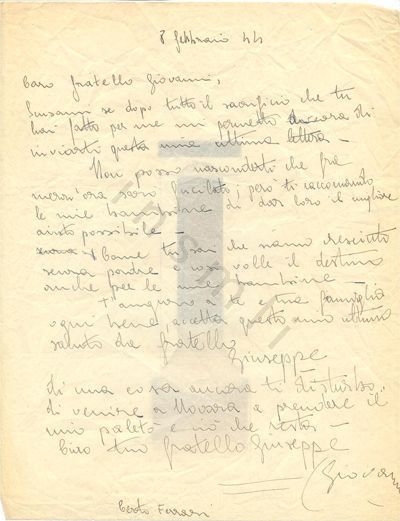 L’immagine riproduce l’ultima lettera di Giuseppe Bianchetti, indirizzata al fratello Giovanni.
