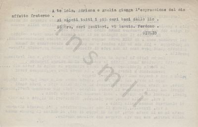 L’immagine riproduce la seconda facciata della trascrizione a macchina dell’ultima lettera di Giulio Biglieri ai genitori e familiari, scritta il giorno della sua condanna. 