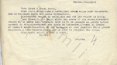 L’immagine riproduce la trascrizione a macchina di una delle ultime lettere di Giuseppe Bocchiotti, scritta poche ore prima della fucilazione. 