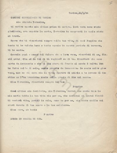 L’immagine riproduce la trascrizione a macchina di uno degli ultimi messaggi inviati dal Carcere di Torino da Giuseppe Bocchiotti all’amata Teresina.