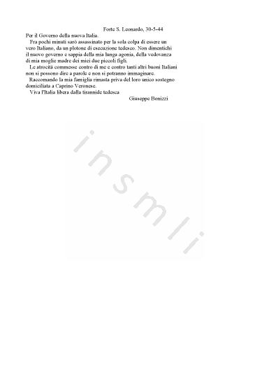 L’immagine riproduce il testo dell’ultima lettera di Giuseppe Bonizzi, scritta il giorno stesso della sua fucilazione.