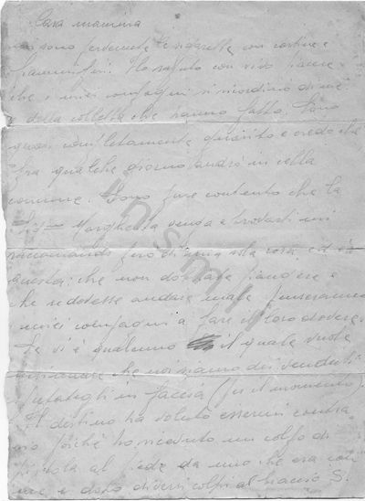 L’immagine riproduce la prima facciata della lettera di Giuseppe Bravin alla madre e a Margherita.