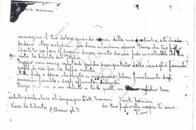 L’immagine riproduce la copia dell’ultima lettera di Giuseppe Comanduli, scritta alla madre subito prima di unirsi ai partigiani.