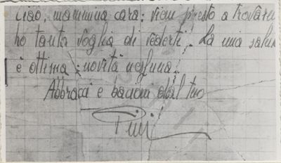 L’immagine riproduce la copia fotografica della lettera autografa scritta da Giuseppe Corne alla madre, in cui il partigiano enuncia il suo Testamento spirituale.