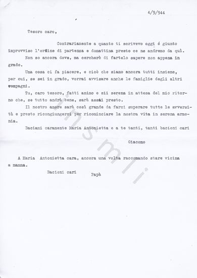 L’immagine riproduce la trascrizione a macchina dell’ultima lettera di Giuseppe De Ambrogi alla moglie, scritta nell’imminenza della partenza dal lager di Bolzano per la Germania.