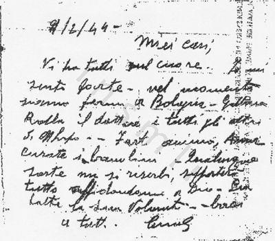 L’immagine riproduce l’ultima lettera di Giuseppe Lami ai propri cari, scritta durante il trasporto da Firenze a Mauthausen. 
