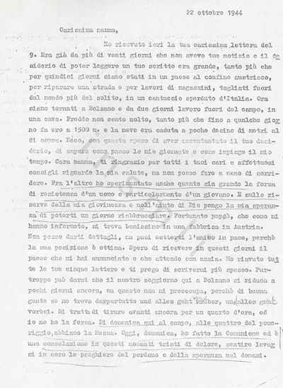 L’immagine riproduce la prima pagina dell’ultima lettera di Giuseppe Loew alla madre, scritta dal Lager di Bolzano.