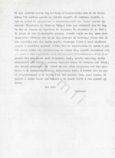 L’immagine riproduce la seconda pagina dell’ultima lettera di Giuseppe Loew alla madre, scritta dal Lager di Bolzano.