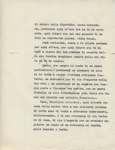 L’immagine riproduce la seconda pagina della trascrizione a macchina dell’ultima lettera di Giuseppe Pelosi alla famiglia, il giorno stesso della sua fucilazione.