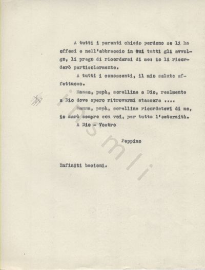 L’immagine riproduce la terza pagina della trascrizione a macchina dell’ultima lettera di Giuseppe Pelosi alla famiglia, il giorno stesso della sua fucilazione.