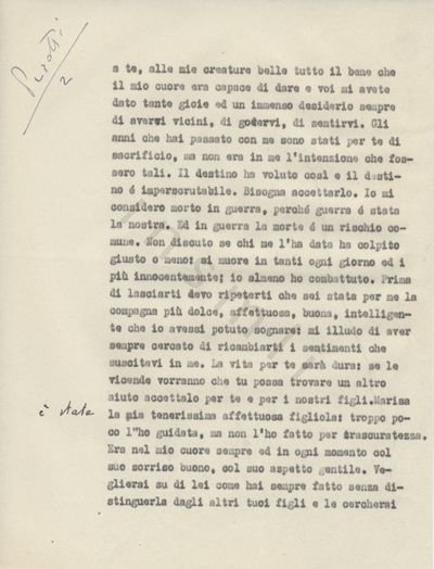 L’immagine riproduce la seconda pagina della trascrizione a macchina dell’ultima lettera di Giuseppe Perotti alla moglie Renza. Nell’angolo in alto a sinistra si legge "Perotti 2" scritto a mano. Nel testo vi sono alcune correzioni, anch’esse manoscritte con una penna nera.