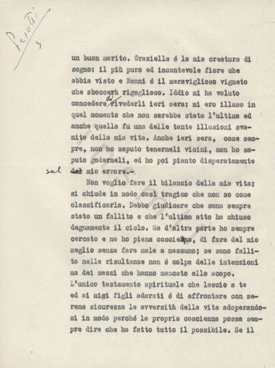 L’immagine riproduce la terza pagina della trascrizione a macchina dell’ultima lettera di Giuseppe Perotti alla moglie Renza. Nell’angolo in alto a sinistra si legge "Perotti 3" scritto a mano. Nel testo vi sono alcune correzioni, anch’esse manoscritte con una penna nera.