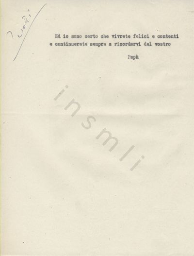 L’immagine riproduce la sesta pagina della trascrizione a macchina dell’ultima lettera di Giuseppe Perotti alla moglie Renza. Nell’angolo in alto a sinistra si legge "Perotti" scritto a mano.