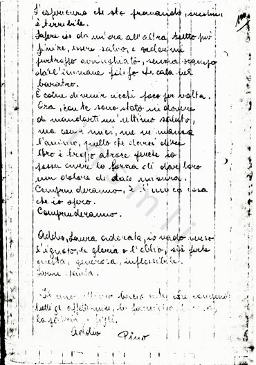 L’immagine riproduce la fotocopia della terza facciata dell’ultima lettera di Giuseppe Robusti a Laura Mulli.