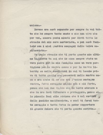 L’immagine riproduce la seconda pagina della trascrizione a macchina della lettera di Giuseppe Salmoirago alla moglie e alle figlie, scritta poco prima della sua esecuzione.