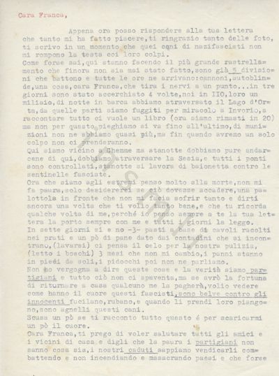 L’immagine riproduce la prima pagina della trascrizione a macchina della lettera di Giuseppe Serazzi all’amata Franca, scritta alla macchia, prima della cattura.