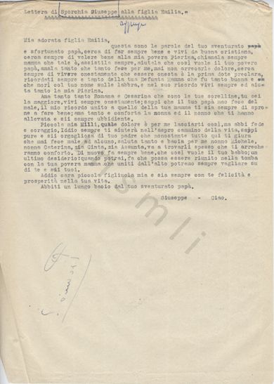 L’immagine riproduce la trascrizione a macchina dell’ultima "Lettera di Sporchia Giuseppe alla figlia Emilia." come spiega la didascalia nella parte superiore del documento.