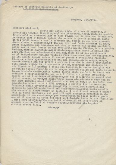 L’immagine riproduce la trascrizione a macchina dell’ultima "Lettera di Giuseppe Sporchia ai genitori", come spiega la didascalia nella parte alta del documento.