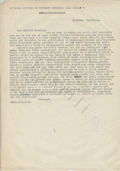 L’immagine riproduce la trascrizione a macchina de "L’ULTIMA LETTERA DI GIUSEPPE SPORCHIA ALLA MOGLIE", come spiega la didascalia nella parte superiore del documento.