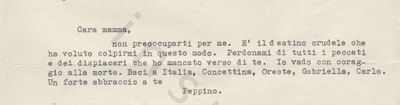 L’immagine riproduce la trascrizione a macchina dell’ultima lettera di Giuseppe Testa alla madre.