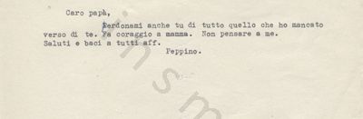 L’immagine riproduce la trascrizione a macchina dell’ultima lettera di Giuseppe Testa al padre. Nel testo sono presenti alcune correzioni a mano, in penna blu.