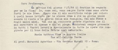 L’immagine riproduce la trascrizione a macchina della lettera di Giuseppe Testa al professore Agostino Marucchi. Nel testo sono presenti alcune correzioni fatte a mano, con una penna blu.