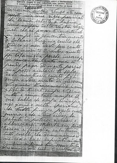 L’immagine riproduce la fotocopia dell’ultima lettera di Giuseppe Zaltieri alla moglie, scritta dal Lager di Bolzano. Sulla fotocopia è presente il timbro "Associazione Ex-Deportati politici nei campi nazisti - Sezione di Pavia".