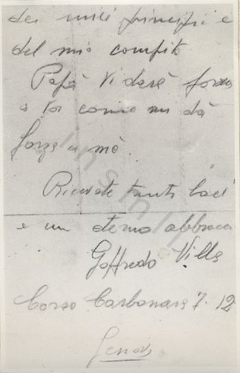 L’immagine riproduce la fotografia della seconda pagina della lettera di Goffredo Villa ai suoi cari, scritta poco prima della sua esecuzione.