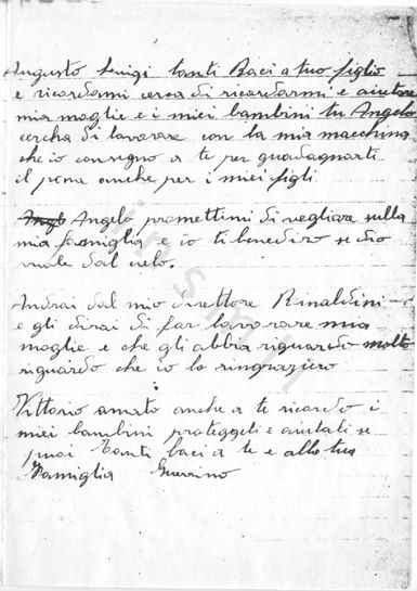 L’immagine riproduce la fotocopia dell’ultima lettera di Guerrino Sbardella ad Augusto Luigi, Vittorio ed Angelo. L’originale è scritto a penna nera su un foglio a righe.