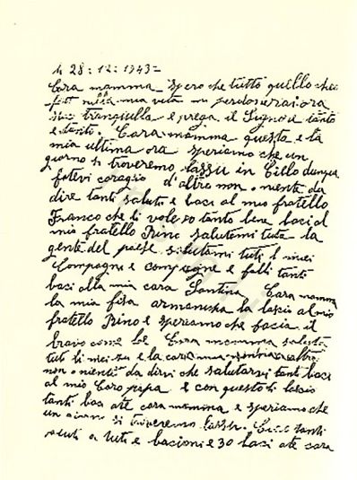 L’immagine riproduce la prima facciata dell’ultima lettera di Guido Falcaro alla madre, scritta il giorno stesso della sua esecuzione.
