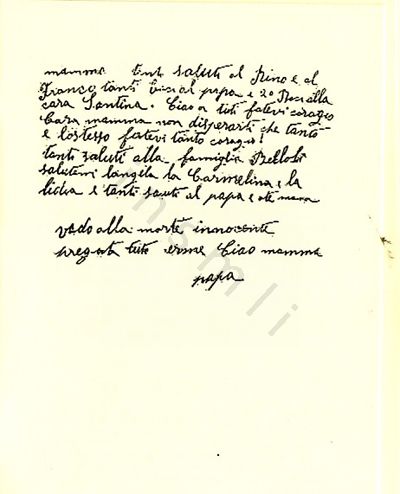 L’immagine riproduce la seconda facciata dell’ultima lettera di Guido Falcaro alla madre, scritta il giorno stesso della sua esecuzione.
