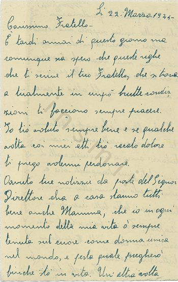 Lettera manoscritta di Guido Targetti, redatta a penna su carta bianca in fronte e retro. La seguente immagine ne propone il fronte.