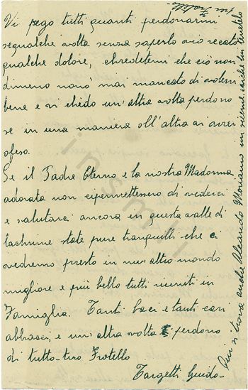 Lettera manoscritta di Guido Targetti, redatta a penna su carta bianca in fronte e retro. La seguente immagine ne propone il retro.