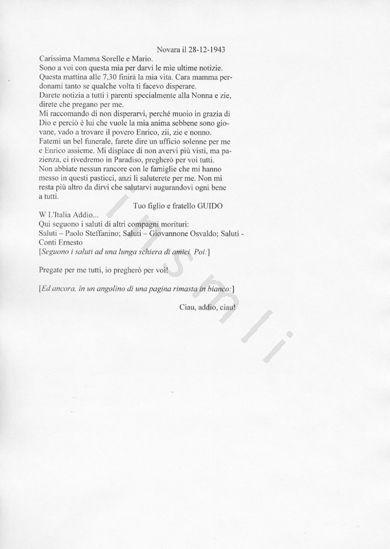 L’immagine riproduce la trascrizione dell’ultima lettera di Guido Vivarelli, scritta ai familiari il giorno della sua esecuzione.