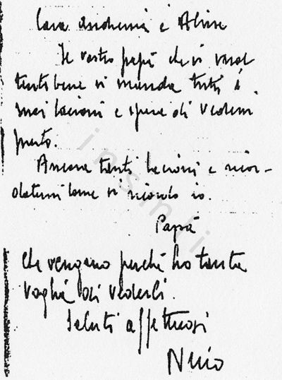 L’immagine riproduce la fotocopia cartacea dell’ultima lettera di Gustavo Badini ai figli. L’originale è presumibilmente scritto a penna su un foglietto bianco.