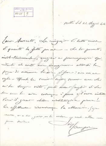 L’immagine riproduce la lettera manoscritta di Inigo Campioni inviata al suo avvocato su foglio bianco.