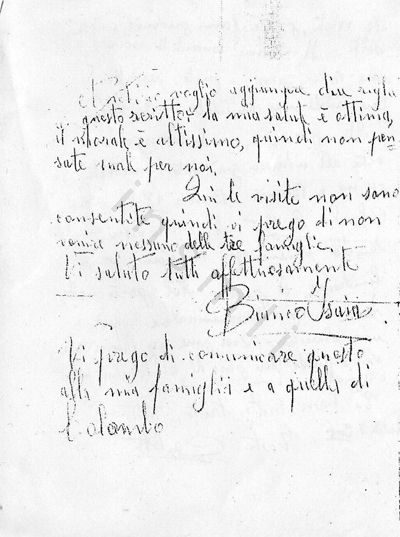 L’immagine riproduce la fotocopia dell’ultimo messaggio di Isaia Bianco, scritto sulla quarta facciata della lettera che Carlo Mossolani (suo compagno di prigionia) vergò il 6 maggio 1944 su un foglietto bianco, inviato clandestinamente ai famigliari. L’inizio del messaggio è purtroppo di difficile decifratura a causa dell’usura dell’originale stesso.

